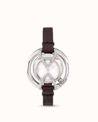 Sterling silver-plated watch with black leather strap and round dial with topaz
