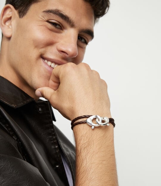 Double brown leather bracelet with interlocking carabiner, Silver, large