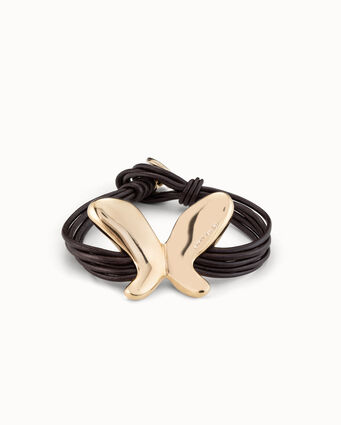 5 leather strap bracelet with 18K gold-plated central butterfly and button clasp
