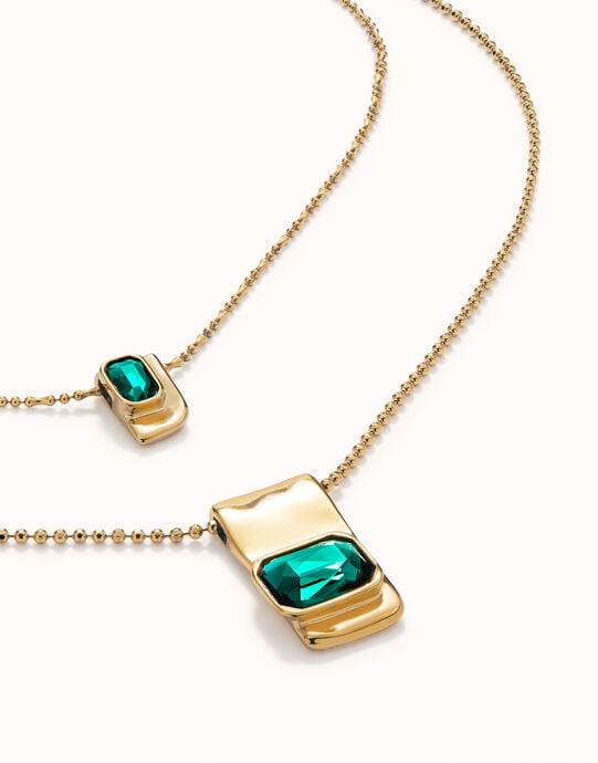 Cadena doble ba&ntilde;ada en oro 18k con cristales verdes
