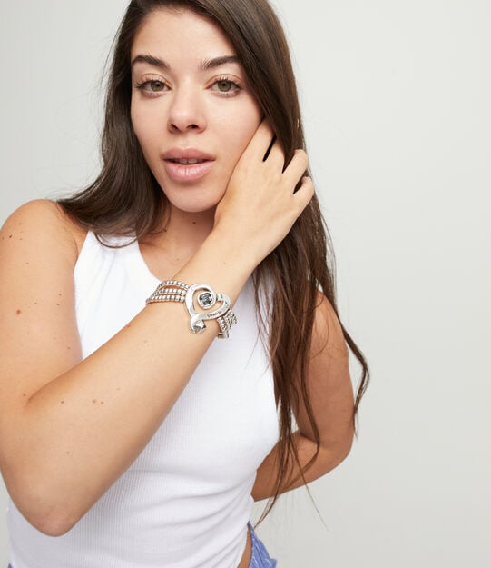 Multi strand leather beaded bracelet with a heart, Silver, large