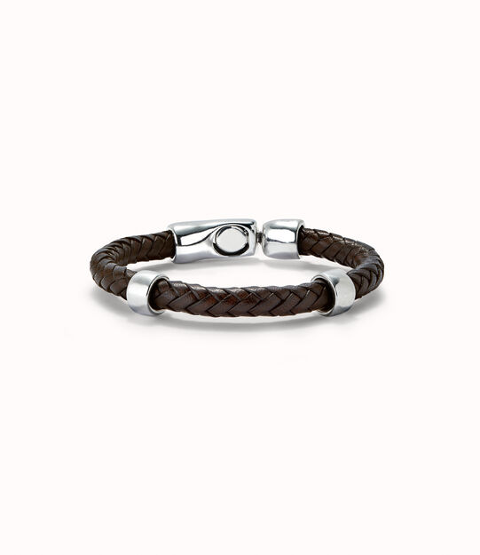 Pulsera cuero trenzada con 2 circunferencias bañadas en plata de ley