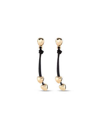Earrings with leather chain pendant and two small 18K gold-plated hearts