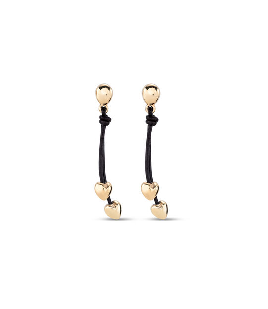 Pendientes con cadena colgante de cuero y dos corazones pequeños bañados en oro 18k