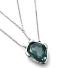 Collier double plaqu&eacute; argent avec pendentif central en cristal facett&eacute; vert en forme de goutte
