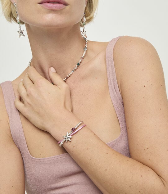 Pink silk thread and metal bracelet with starfish, Silver, large