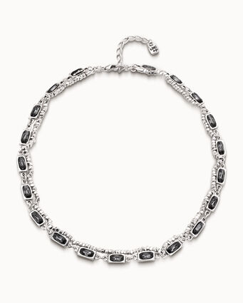 Sterling silver-plated necklace with lateral strip of small squares and 22 cases with gray crystals