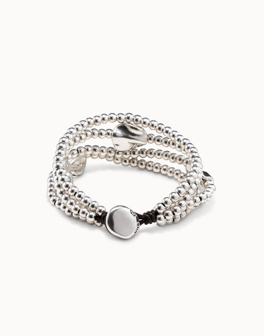 Pulsera de tres vueltas de cuero marr&oacute;n y detalles ba&ntilde;adas en plata de ley, , large
