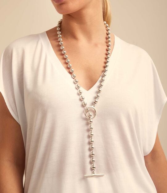 Collar largo cadena ba&ntilde;ado en plata de ley, Plateado, large