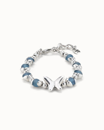 Pulsera bañada en plata de ley con cristales azules y una mariposa central