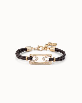 Leather bracelet with 18K gold-plated rectangular central link with topaz