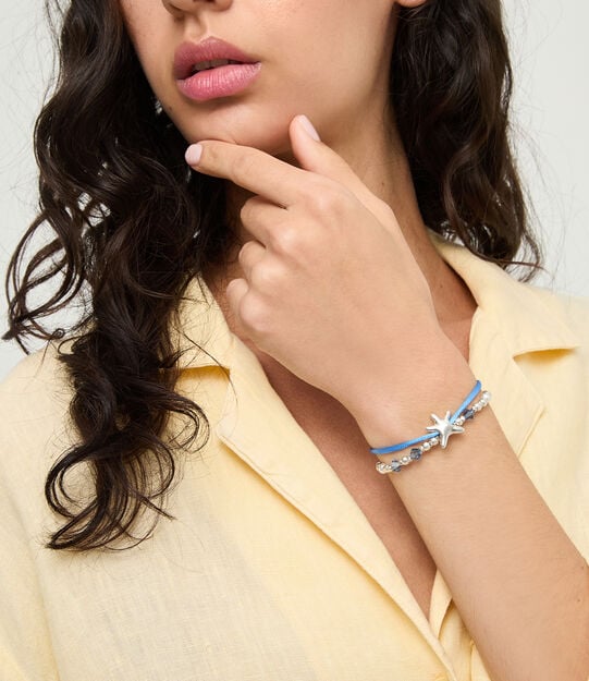 Blue silk thread and metal bracelet with starfish, Silver, large