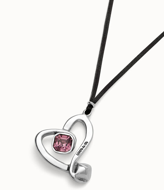 Colgante largo de cordón efecto seda  y corazón central con cristal rosa