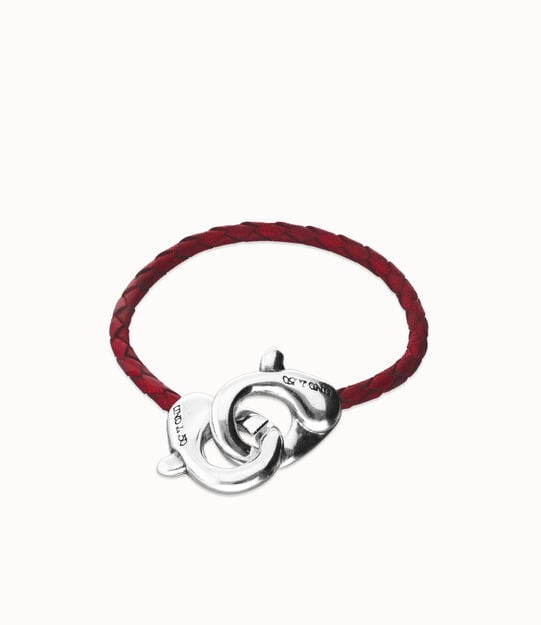 Red leather bracelet with interlocking carabiner