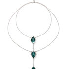 Double necklace with three drop-shaped pendants featuring green faceted crystals