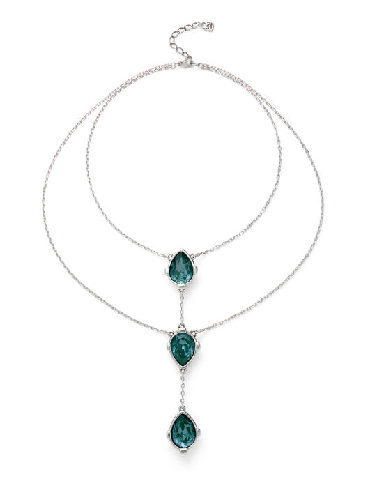 Double necklace with three drop-shaped pendants featuring green faceted crystals