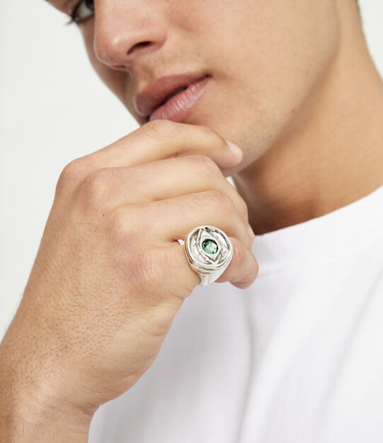 Eye-shaped signet ring with faceted green crystal, Silver, large