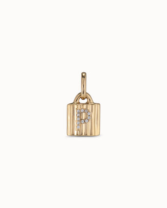 18K gold-plated padlock charm with topaz letter P, Golden