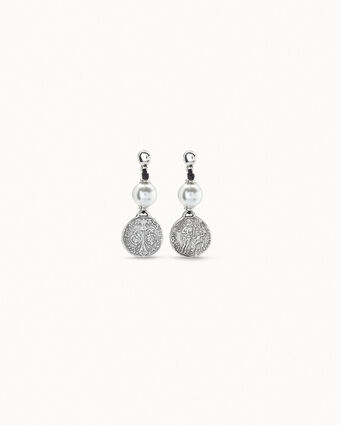 Sterling silver-plated leather earrings with pearl