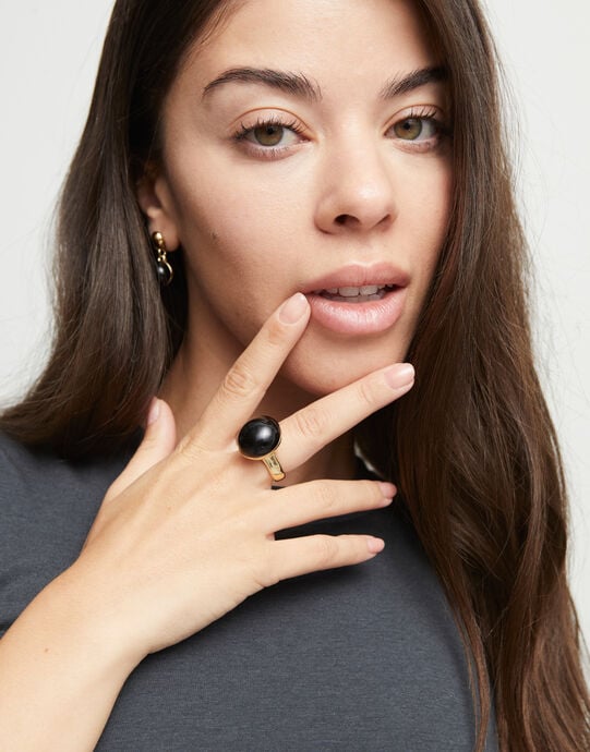 Ring with black murano glass, Golden, large