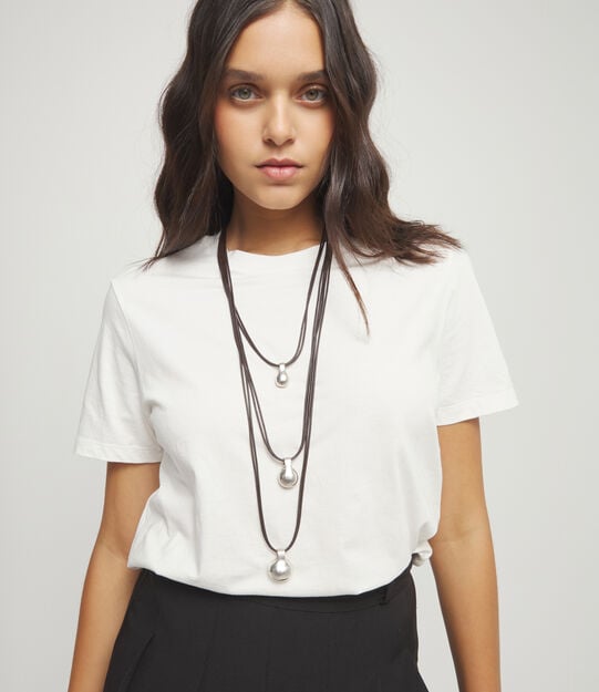 Multi strand leather necklace with three spheres, Silver, large