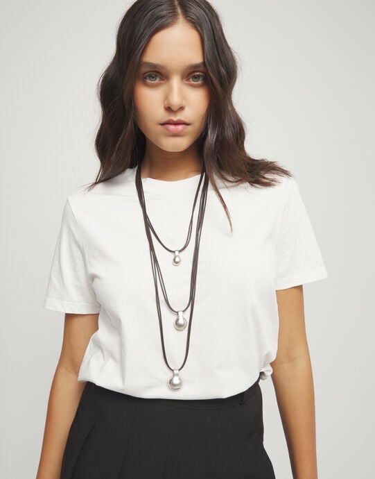 Multi strand leather necklace with three spheres, Silver, large