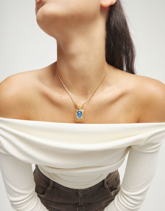 Necklace with rectangular blue faceted crystal, Golden, large