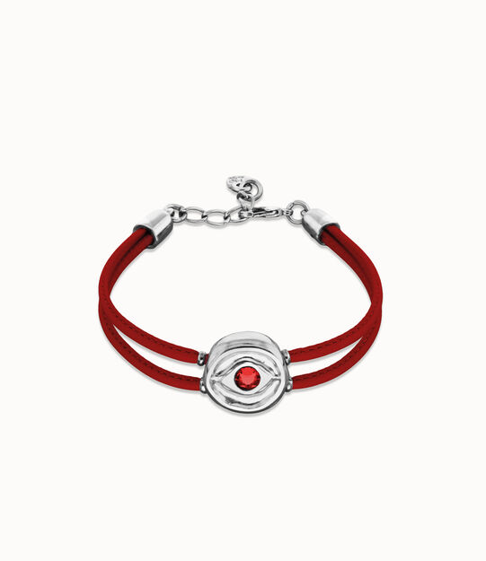 Pulsera doble de cuero rojo con ojo bañado en plata de ley
