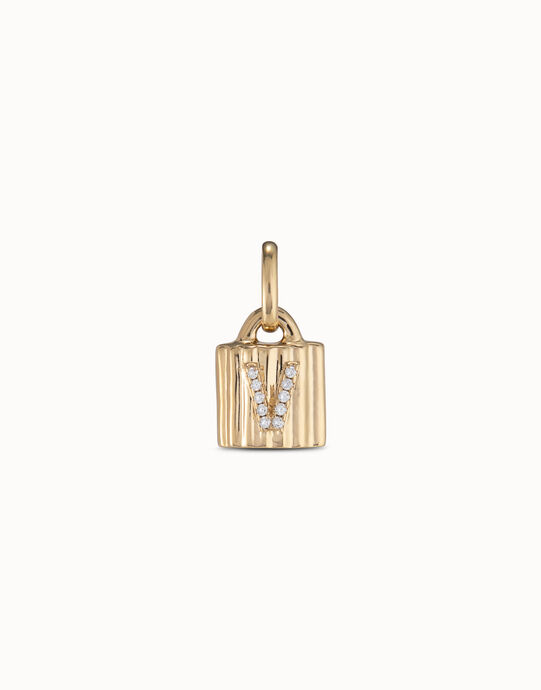 Charm candado ba&ntilde;ado en oro de 18K ley con letra de topacios V