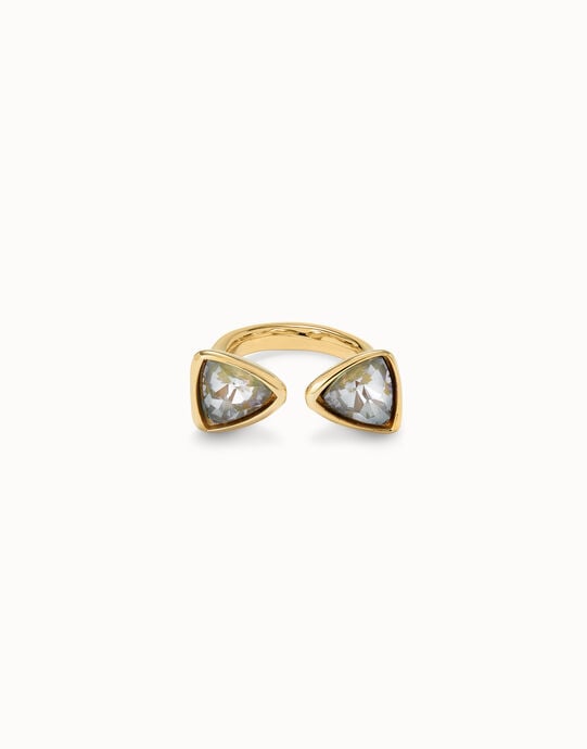Bague plaqu&eacute;e or 18 carats avec deux cristaux multicolores de forme triangulaire