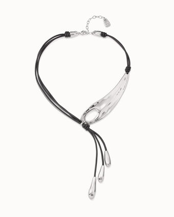 Sterling silver-plated adjustable short leather whip necklace with dragonfly wing and 3 fringes with drops