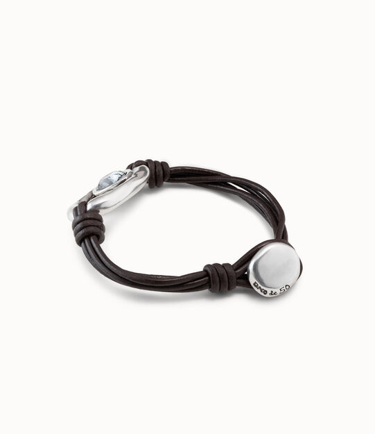 Pulsera 4 tiras de cuero con &oacute;valo ba&ntilde;ado en plata de ley y cristal, Plateado, large