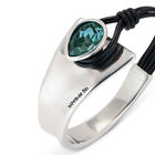 Silver semi-rigid bracelet with leather and a green drop-shaped faceted crystal