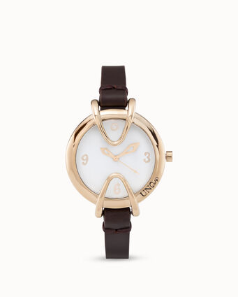 18K gold-plated watch with black leather strap and round white dial