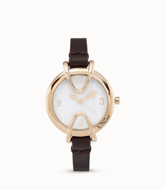 18K gold-plated watch with black leather strap and round white dial
