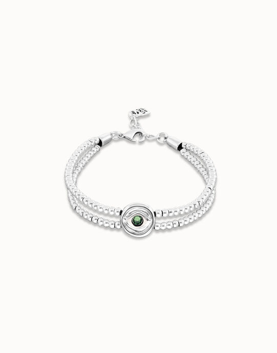 Bracelet &agrave; billes double plaqu&eacute; argent avec d&eacute;tail en forme d'&oelig;il et cristal vert