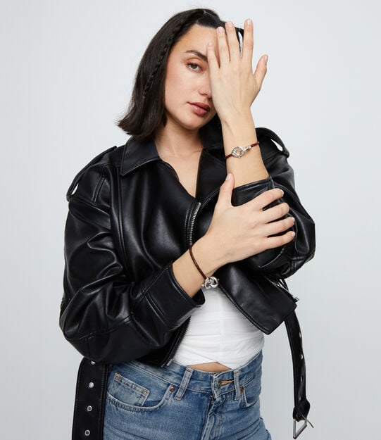 Red leather bracelet with interlocking carabiner, Silver, large