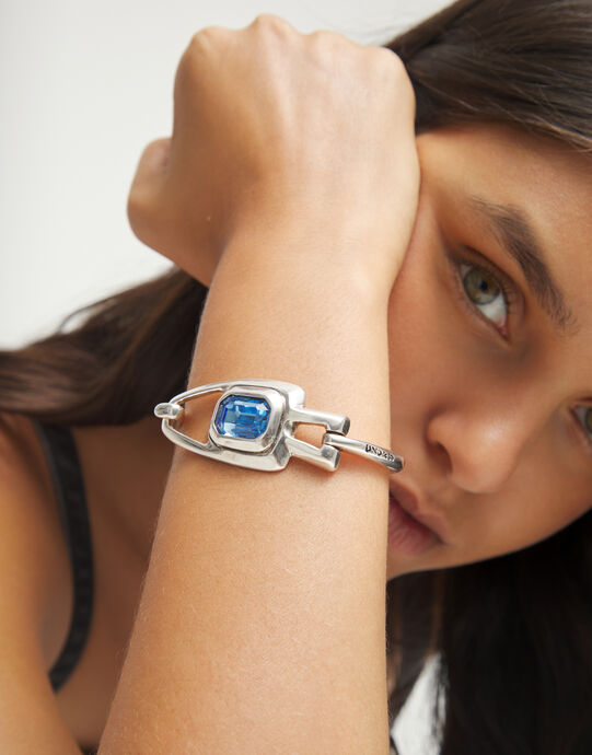 Pulsera semirr&iacute;gida ba&ntilde;ada en plata de ley con cristal facetado azul, Plateado, large