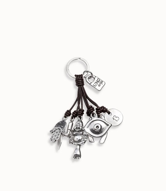 Leather key-ring and sterling silver-plated charms, Silver, large