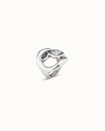 Anello placcato argento Sterling con ovale centrale e due cristalli colore grigio scuro