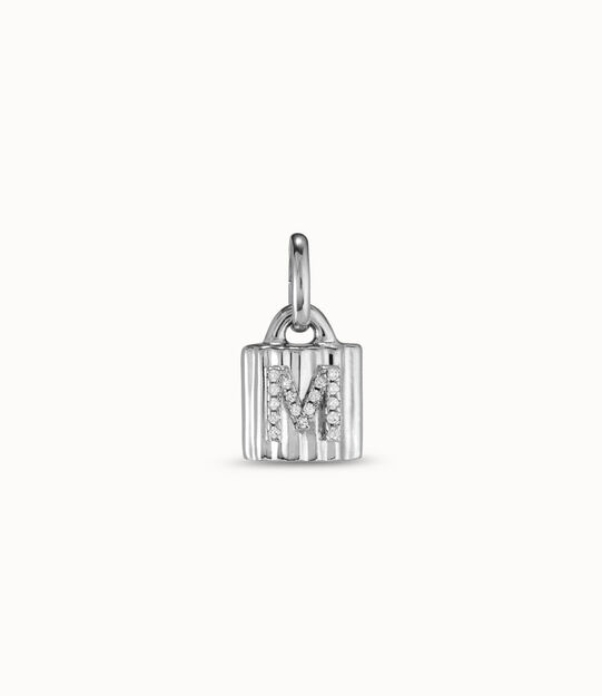 Charm candado bañado en plata de ley con letra de topacios M
