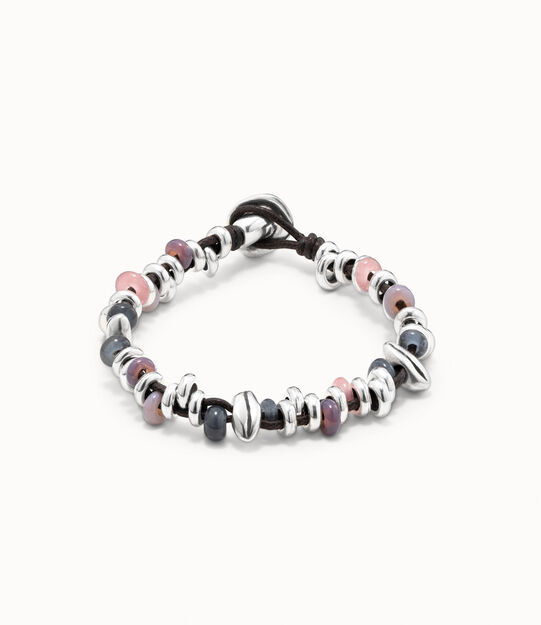 Sterling silver-plated beaded bracelet with leather