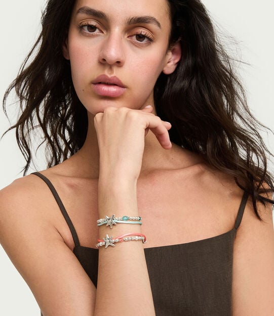 Orange silk thread and metal bracelet with starfish, Silver, large