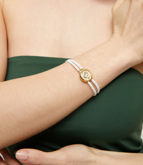 Pulsera doble de cuero blanco con ojo ba&ntilde;ado en oro 18k, Dorado, large