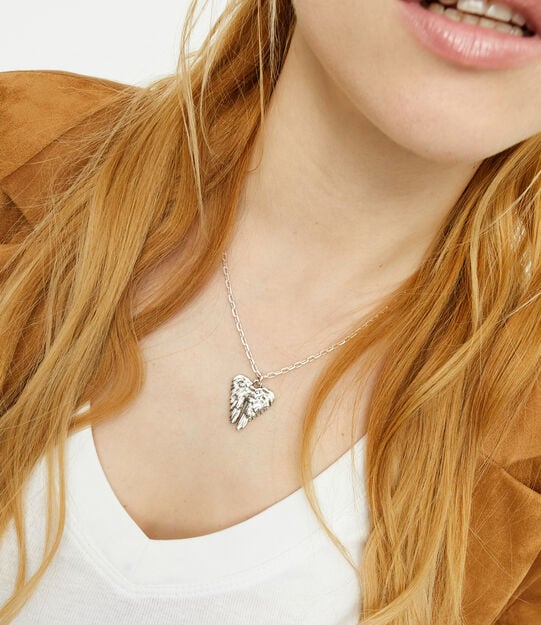 Short necklace with wing detail, Silver, large