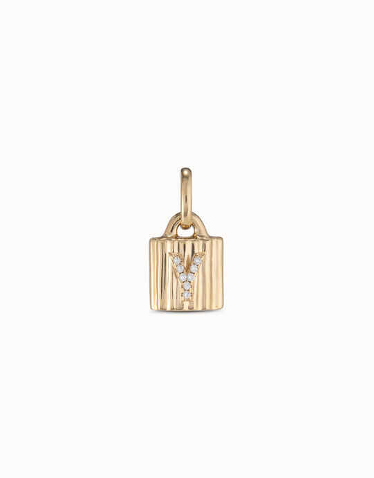 Charm candado ba&ntilde;ado en oro de 18K ley con letra de topacios Y