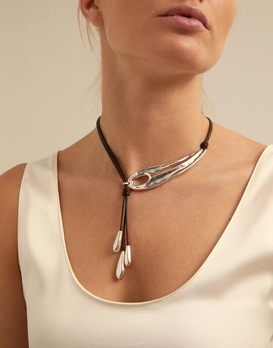 Collana in cuoio lunga a frusta con 2 tubi e 4 frange con gocce placcata argento Sterling, Argent, large