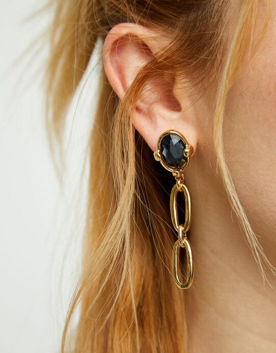 Drop earrings with faceted black crystal and links, Golden, large