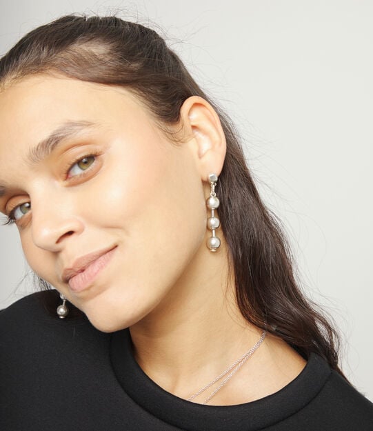Bead drop earrings, Silver, large