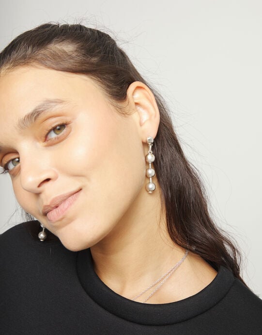 Bead drop earrings, Silver, large